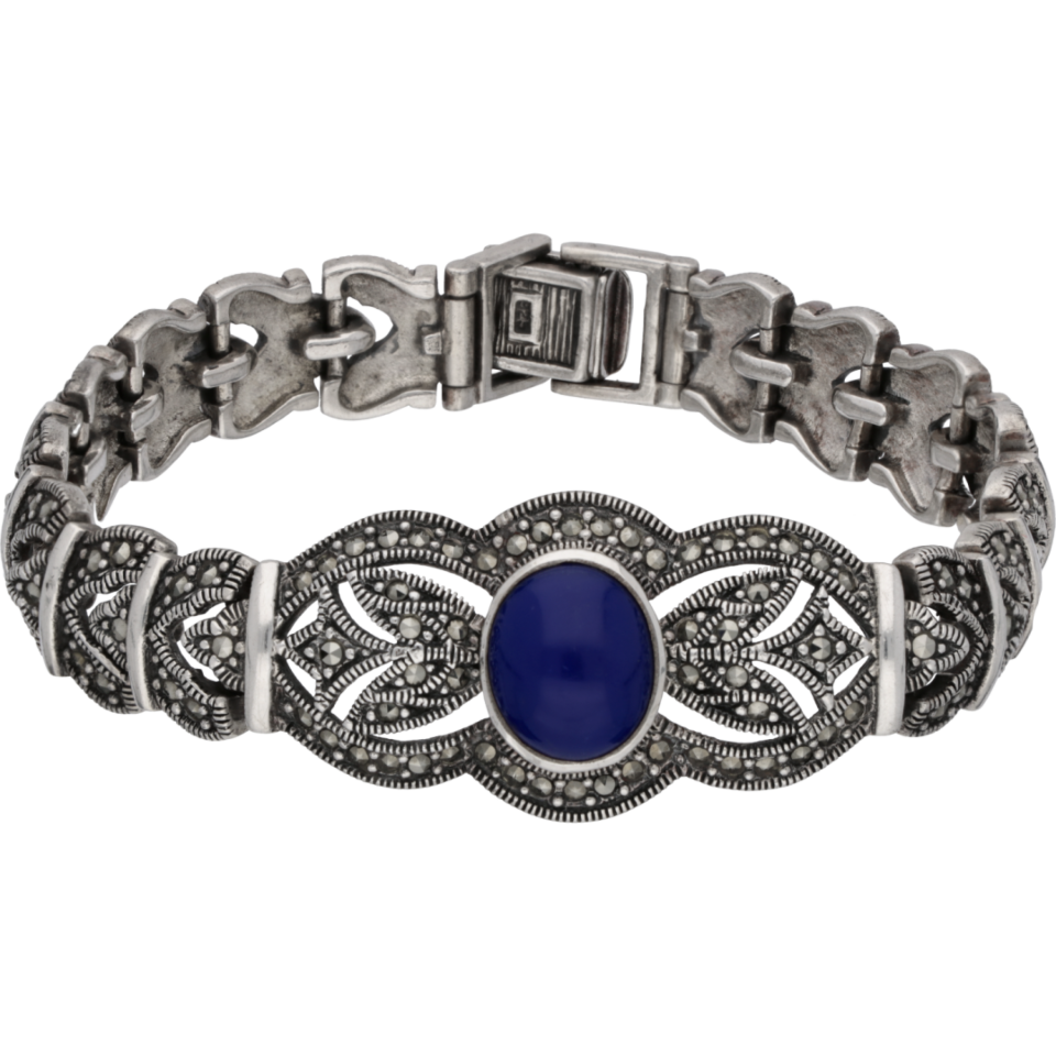 krekel markering Penetratie Zilveren fantasie schakel armband bezet met blauwe kleursteen en markasiet|  #RECLAIMED | Reclaimed.nl